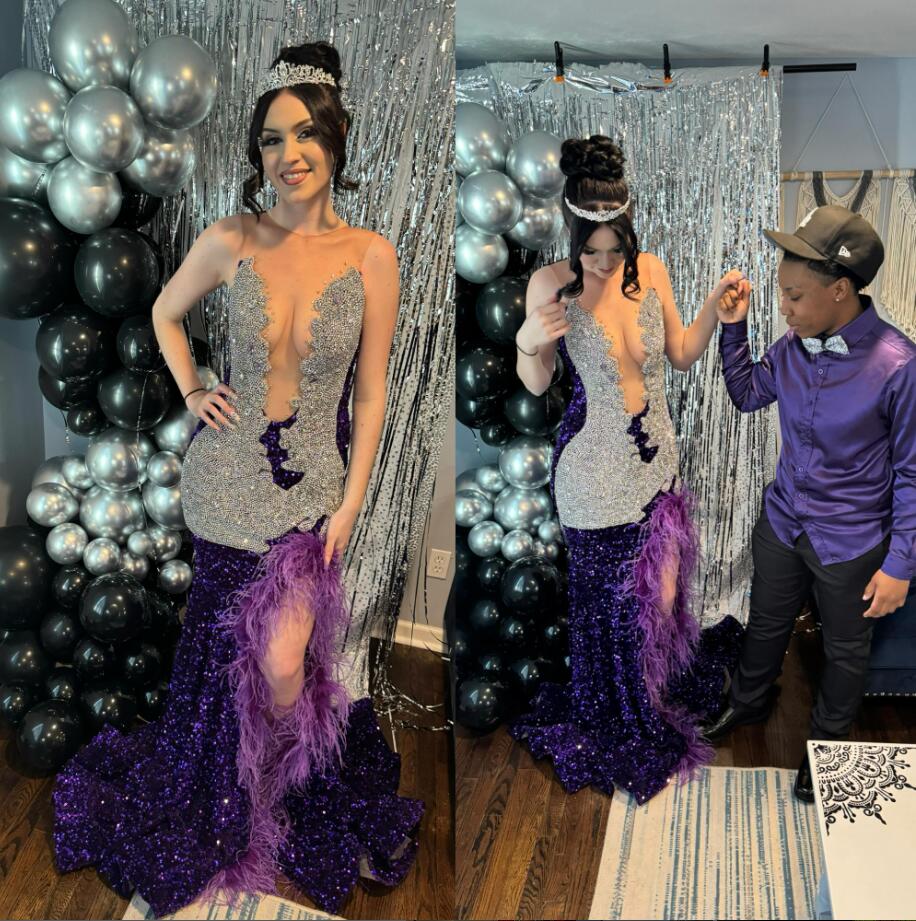 Grape Purple Mermaid Sparkly Evening Formal Dresses for Black Girl Luxury Diamond Feather Slit Birthday Gala Prom Gown 2024