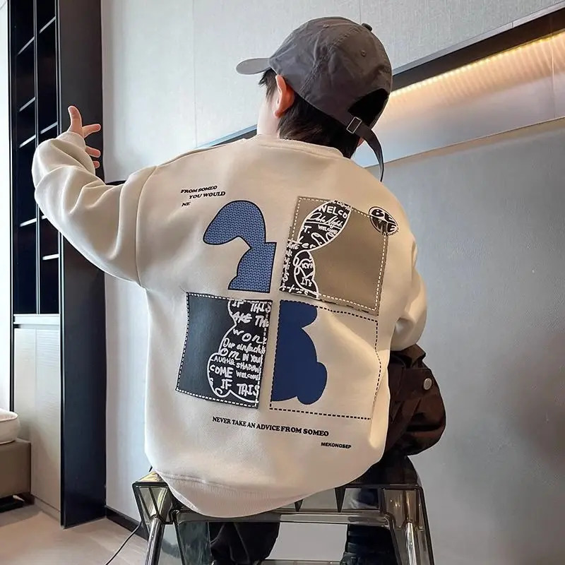 Boys Spring Autumn Fashion Cotton Sweatshirts Kids Rabbit Patchwork Element Sports Outfits Bottoming Shirts Children Clothes 240618