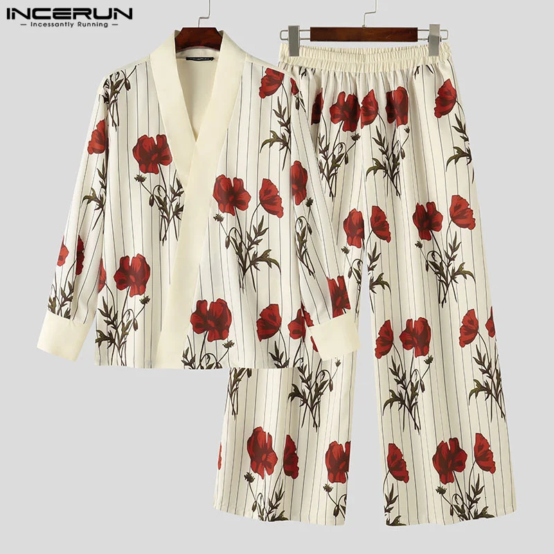 2024 Men Sets Flower Printing Loose V Neck Long Sleeve Shirt Wide Leg Pants 2PCS Streetwear Fashion Mens Casual Suits INCERUN 240617