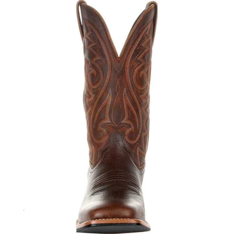 Cowboy Boots Brown Faux Leather Shoes Retro Men Embroidered Western Big Size 47 48 Ethnic Motorcycle Women 240617
