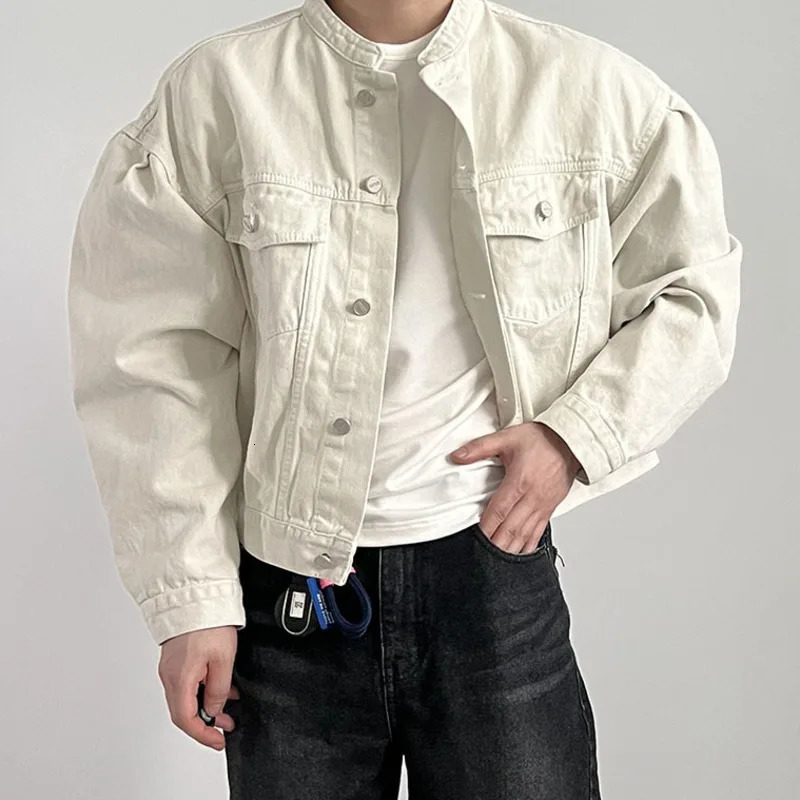 IEFB Fashion Mens Denim Jacket High Street Male Stand Collar Top Solid Color Short Coat Autumn Menwear 9C644 240617