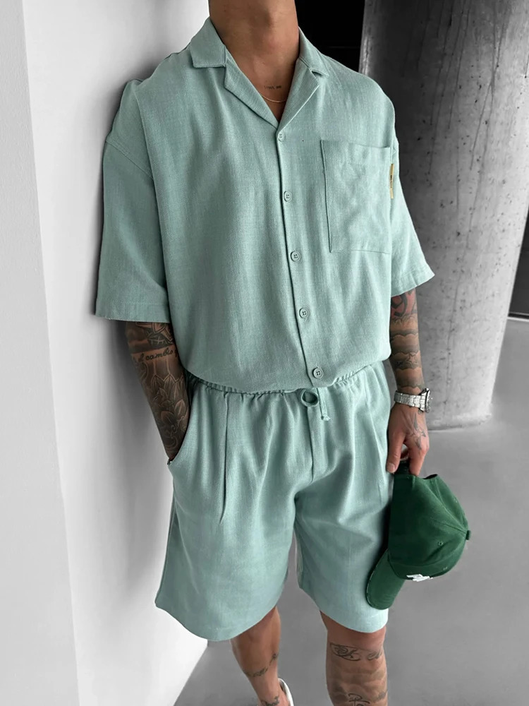 Hip Hop Mens Two Piece Sets Summer Casual Pure Color Short Sleeve Pocket Shirts And Shorts Men Outfits Fashion Loose Suits Male 240617
