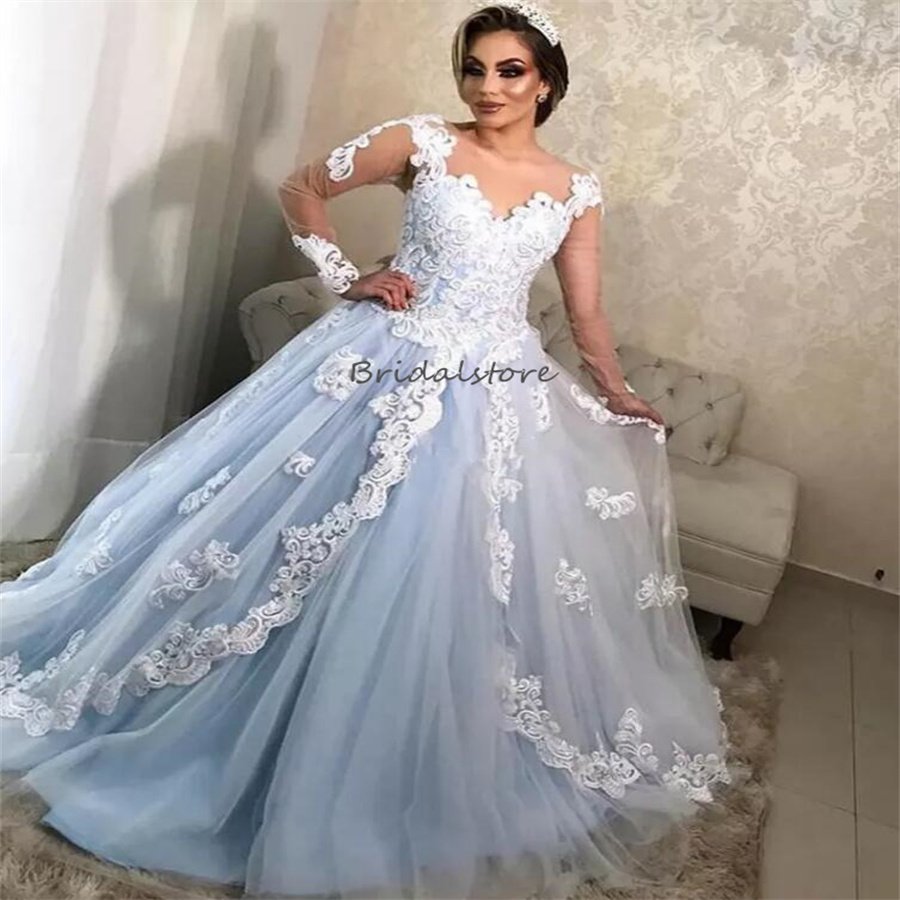 Uniques Blue Gothic Wedding Dresses 2024 Arabic A line Lace Princess Bridal Gowns Long Sleeve Court Train Garden Bride Dress Vestio De Novia Robe De M