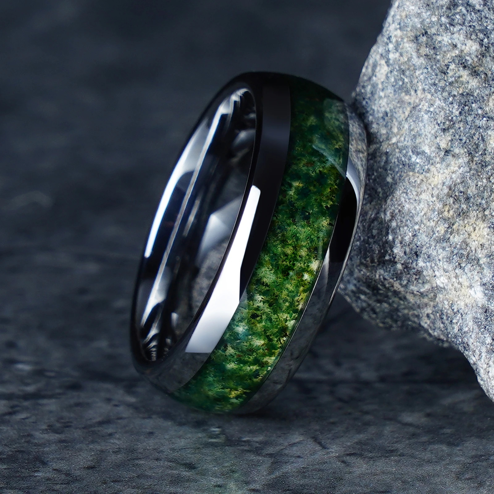 8mm Moss Agate Silver Tungsten Carbide Rings For Men Unique Wedding Engagement Band Birthday Anniversary Gift For Him And Her 240618