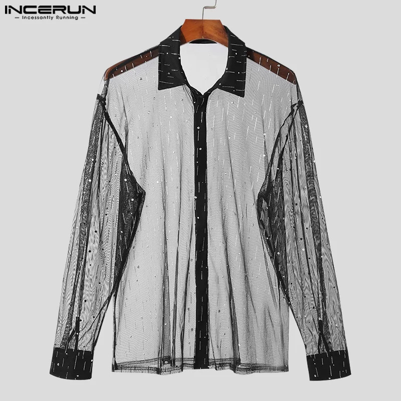 INCERUN Tops Korean Style Fashion Mens Tassel Glitter Fabric Shirts Casual Party Shows Long Sleeved Blouse S-5XL 240615