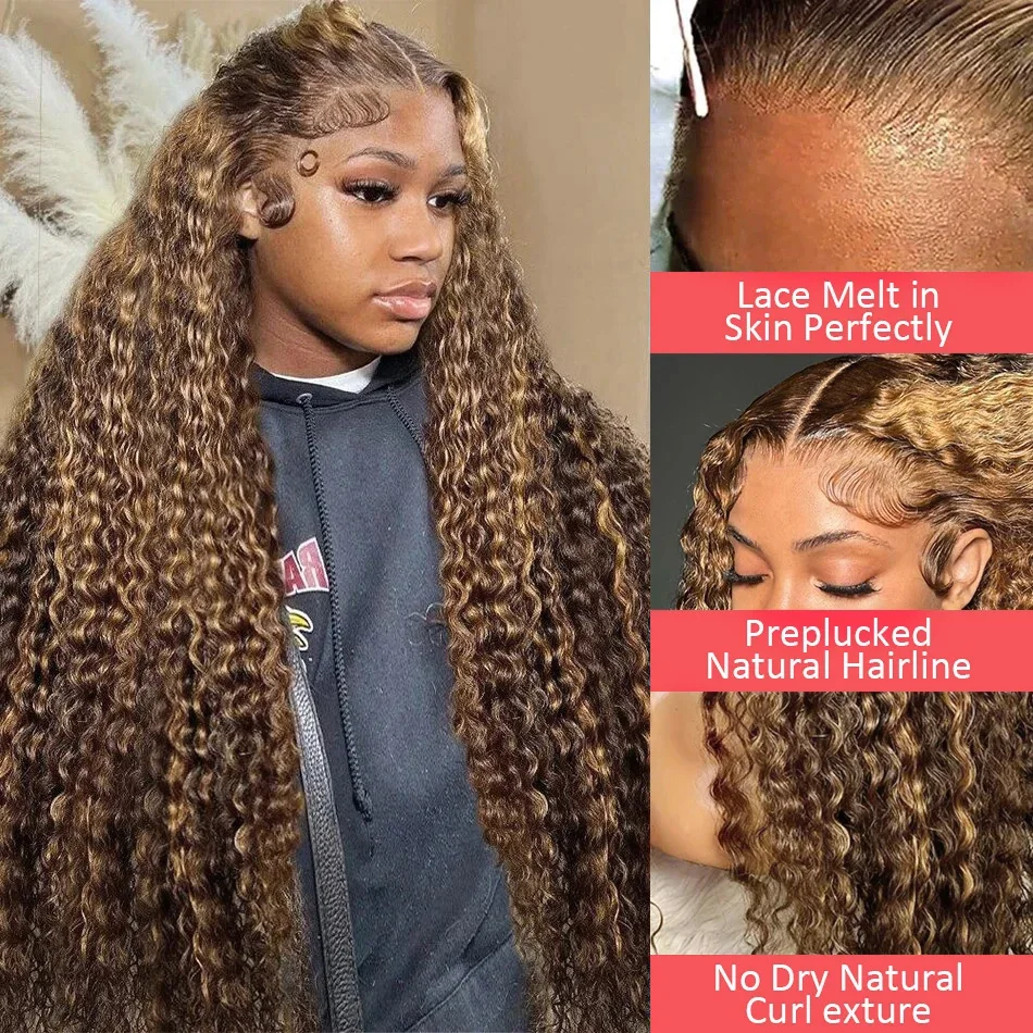 Brazilian 30 Inch Highlight Ombre Frontal Wig Deep Wave Human Hair 4/27 Colored 13X4 Lace Closure Wigs Synthetic For Women