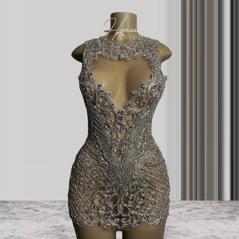 Luxury Silver Sheer Crystals Short Prom Dresses For Black Girls See Through African American Cocktail Dresses Birthday Party Homecoming Gowns