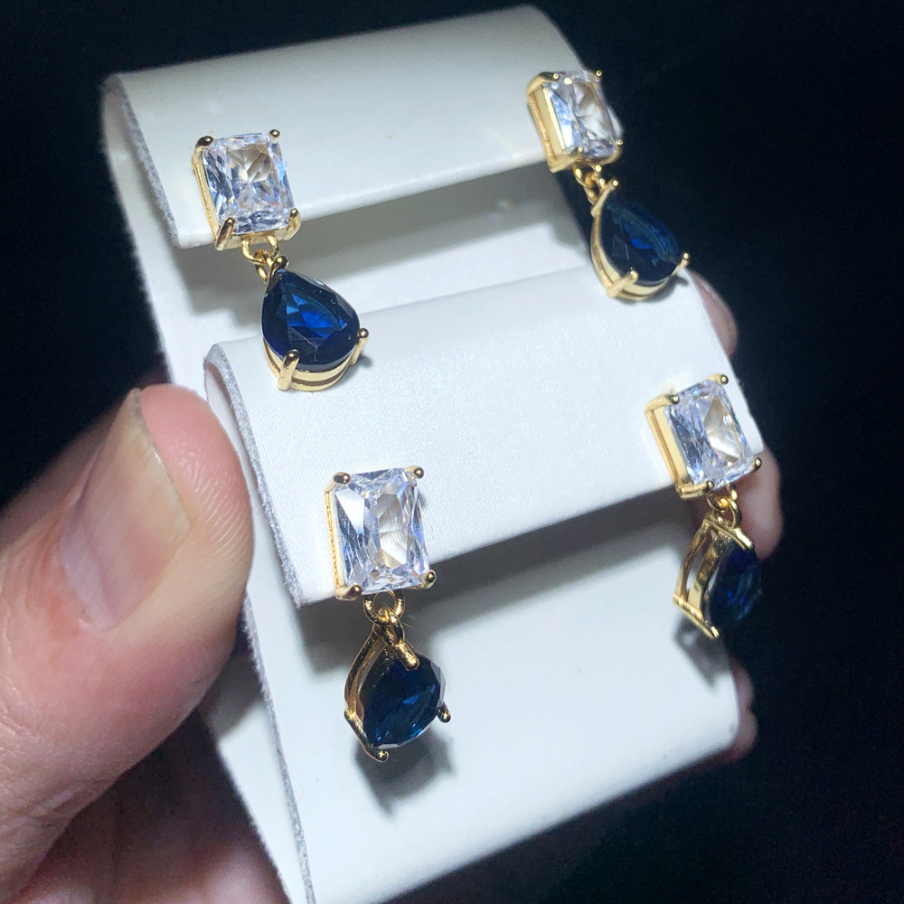 New 925 Sterling Silver Water Drop Cubic Zirconia Earrings Big blue white CZ Bridal Crystal Wedding Brides Fashion Jewelry