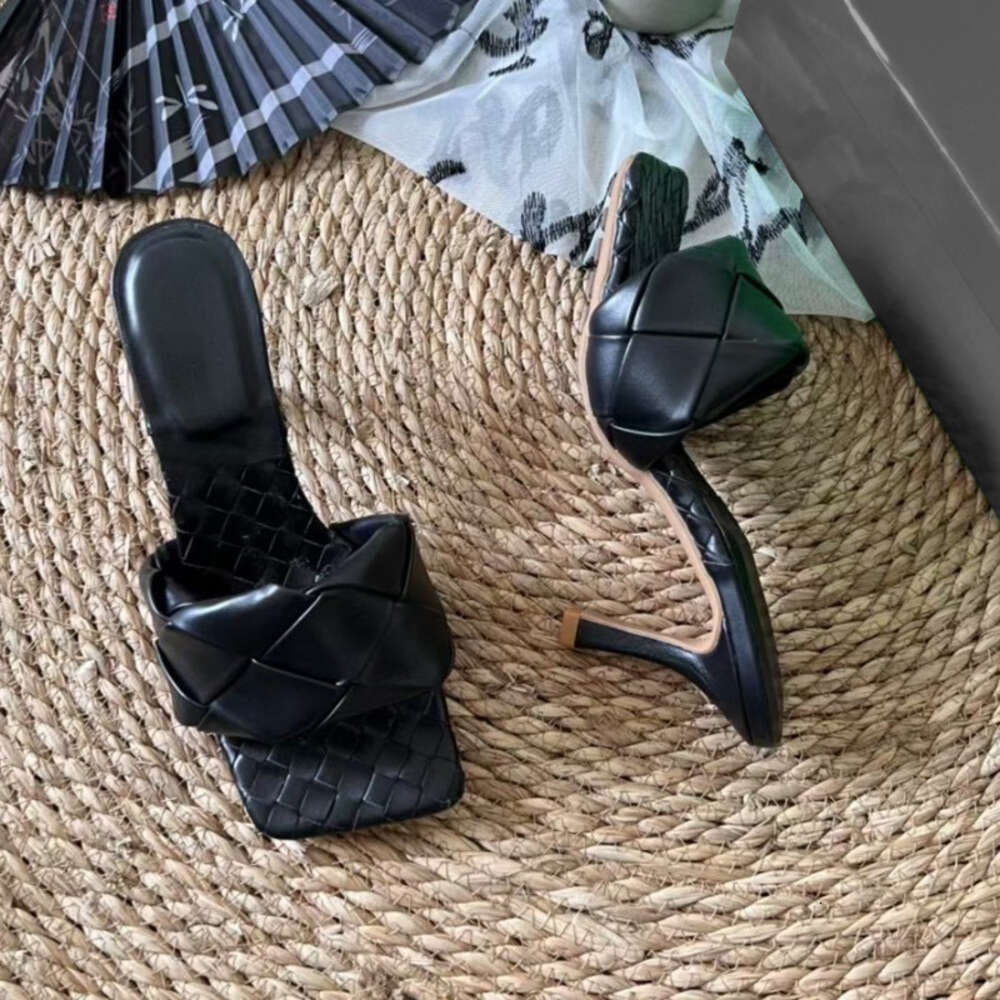 New High Heels Designer Slides Flat Mules Woven Lido Sandals Women Slippers Square Wedding Shoe Summer Dress Shoes With Box 598