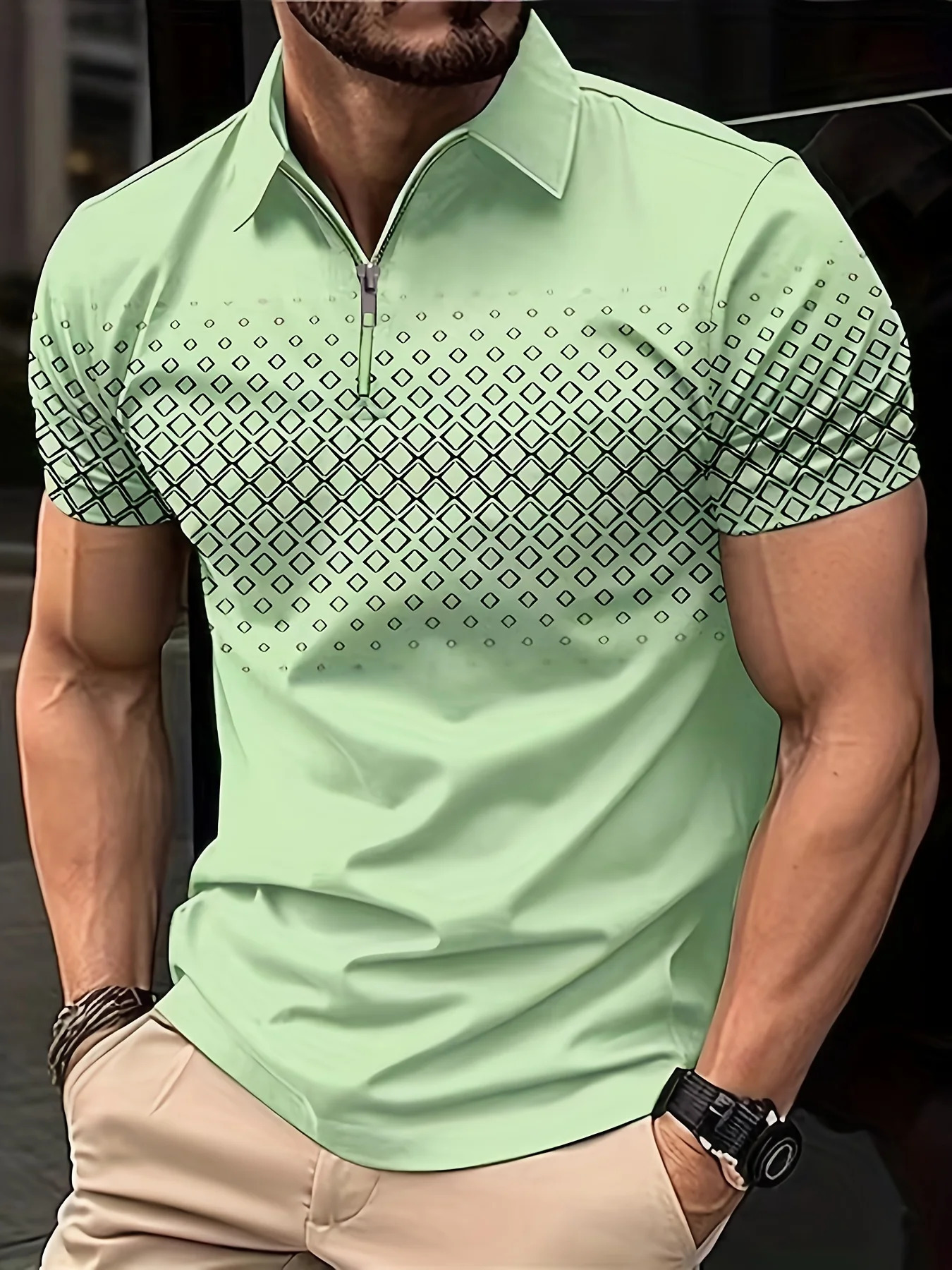 Digital Pattern Mens Shirt Slightly Elastic Breathable Zipper Outdoor Casual Short-Sleeved Shirt 3D Printing Sports T-Shirt 240618