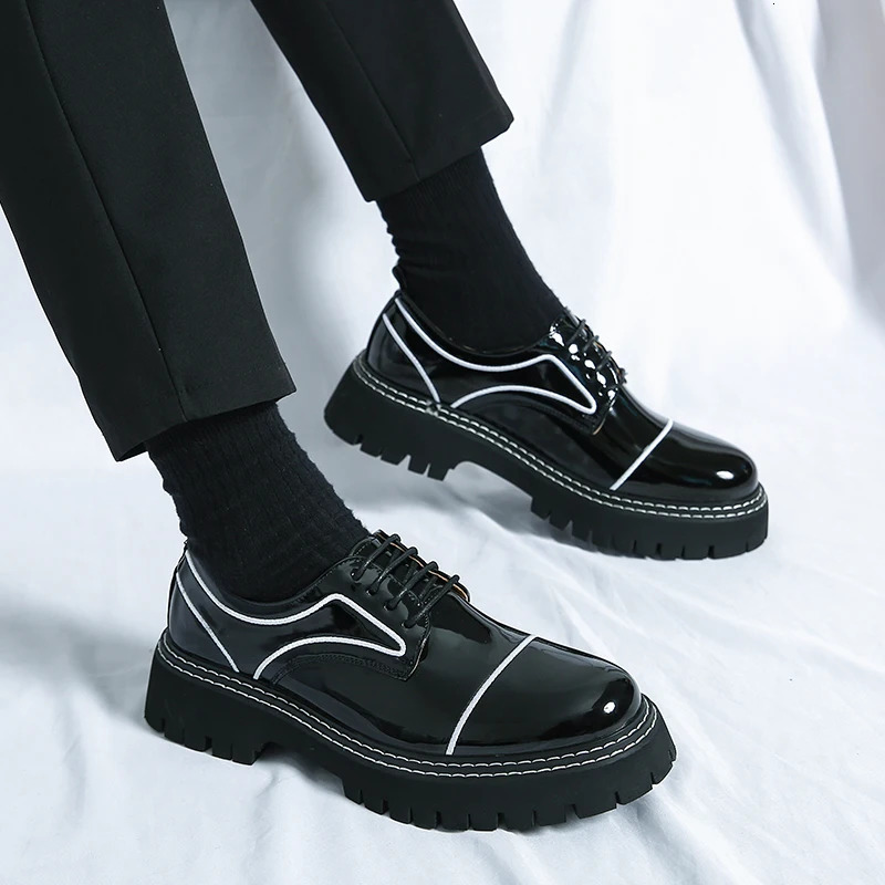 Mens Black Formal Shoes Lace Up Artificial Patent Leather Business Shoes With Thick Sole 240618