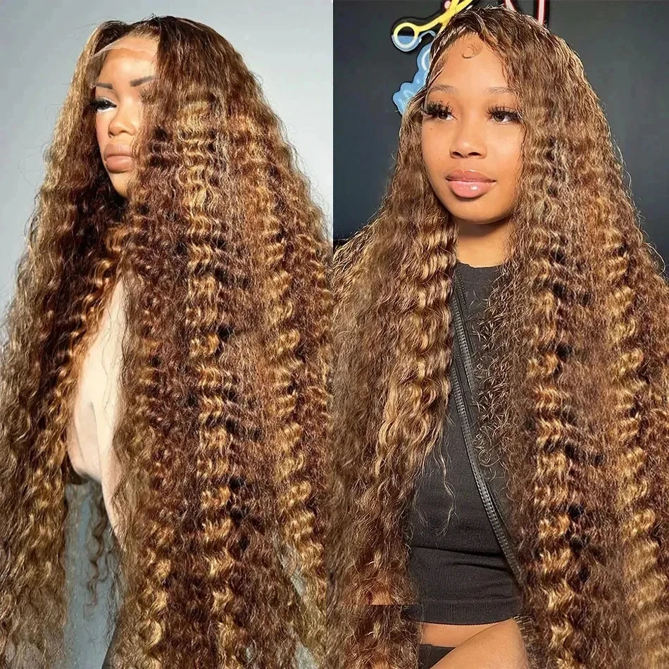 Curly Highlight Wig Human Hair 13x4 13x6 Hd Lace Frontal Wig Glueless 30 40 Inch Deep Water Wave Honey Blonde Lace Frontal Wigs Synthetic