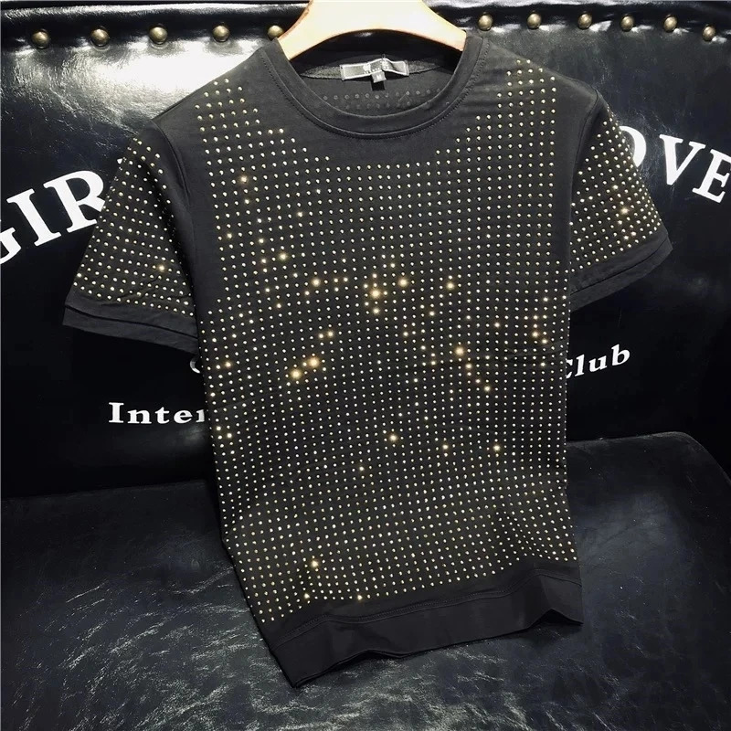 S-6X Hot drill t-shirt European style Rhinestones mens short sleeve top quality man heavy industry T-shirt 240618