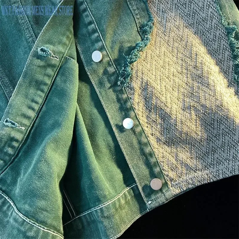 Hole splicing denim jacket Mens and womens clothing Spring and Autumn High Street fashion trend Retro Loose Coat leisure tops 240617