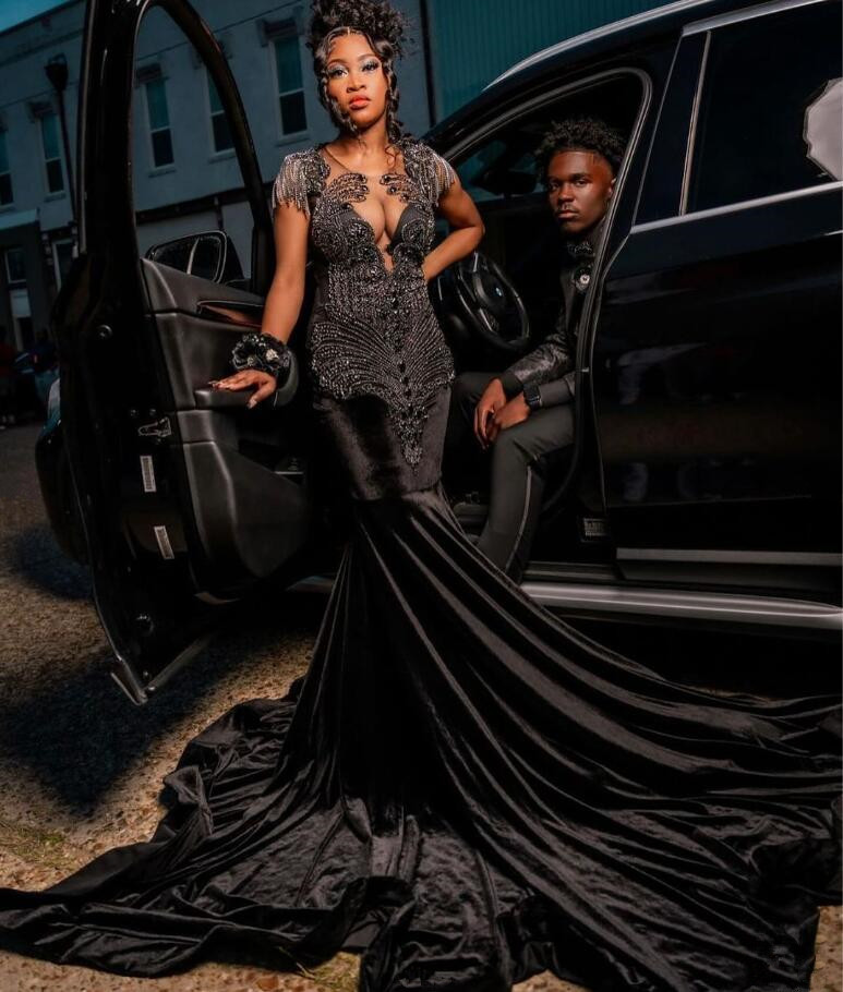 Sparkly Mermaid Long Evening Formal Dresses for Black Girl Luxury Diamond Crystal Tassel Birthday Gala Prom Dress Outfit