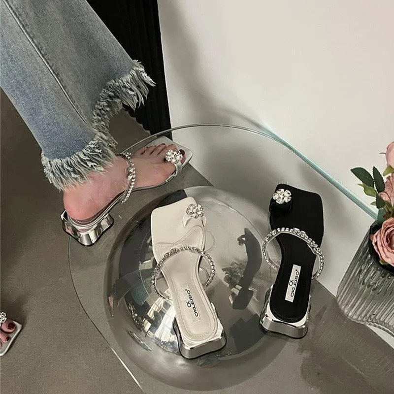 Crystal Womens Slippers Fashion Medium High Heels Clip Toe Flip Slippers Summer Slippers Sandals Dress Party Ladies 240617