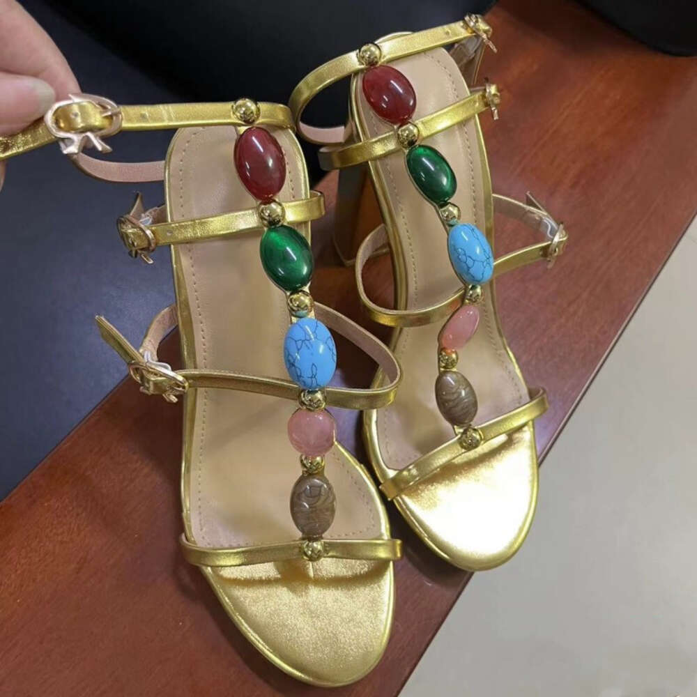 Fashion Summer Ankle Strap Colorful Rhinestones Women Sexy Narrow Band Thick High Heels Gladiator Sandals Party Shoes