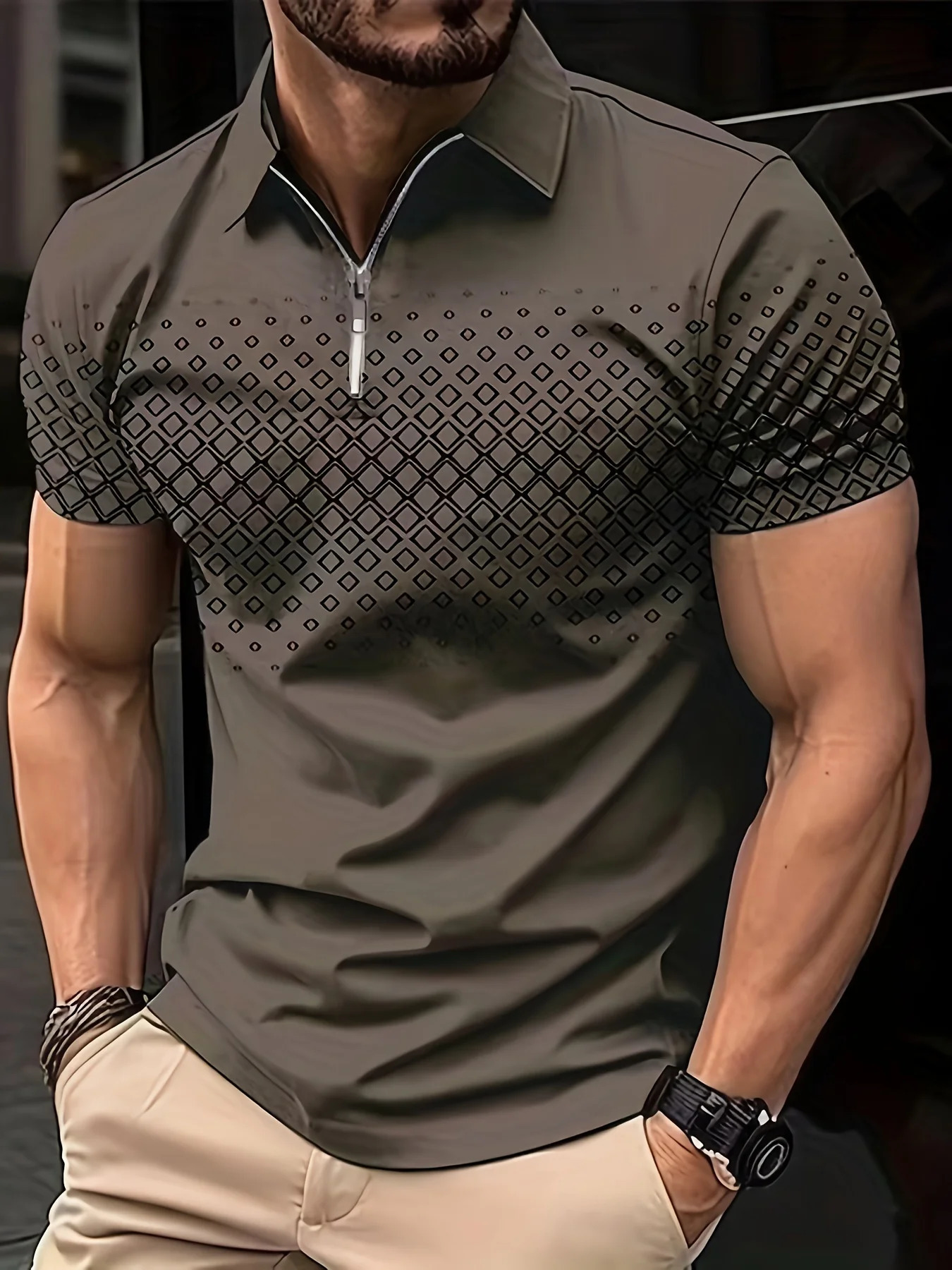 Digital Pattern Mens Shirt Slightly Elastic Breathable Zipper Outdoor Casual Short-Sleeved Shirt 3D Printing Sports T-Shirt 240618