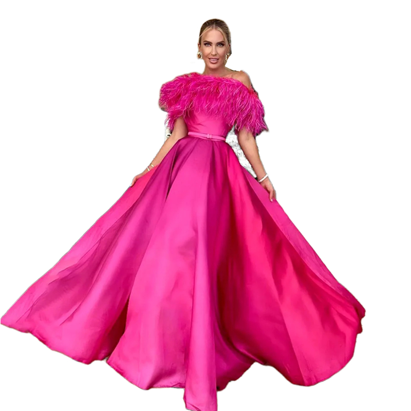 Fuchsia Feather Prom Dresses Off Shoulder Floor Length A-Line Satin Evening Gowns Pleat Puffy Skirt Long Elegant Formal Dress For Women 2024 Celebrity