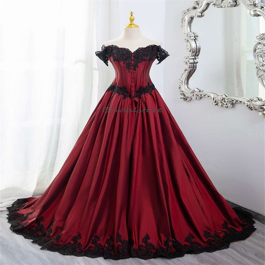 Medieval 1980s Gothic Wedding Dresses Red With Black A Line Off Shoulders Lace Country Bridal Dress Tie Corset Aesthetic Bride vestidos de boda para c