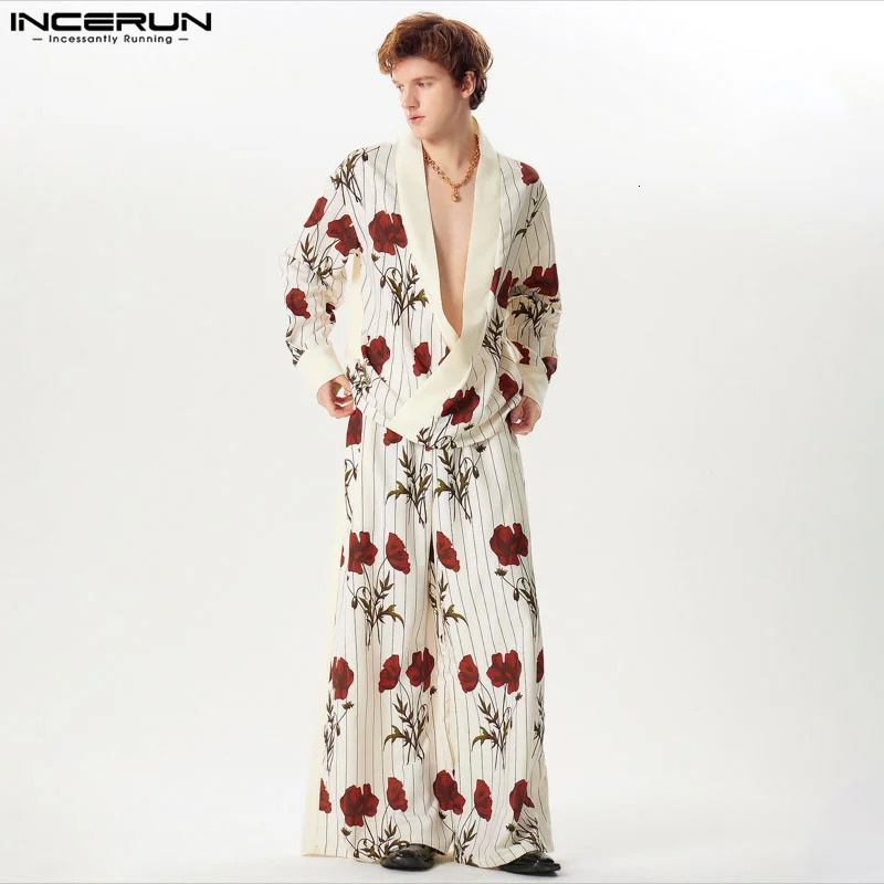 2024 Men Sets Flower Printing Loose V Neck Long Sleeve Shirt Wide Leg Pants 2PCS Streetwear Fashion Mens Casual Suits INCERUN 240617