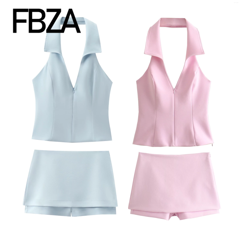 Women's Tracksuits Women Fashion Summer Sexy Zipper Halter Collar Vest Chic Office Lady High Waist Skirt Pants Shorts Two Piece Set