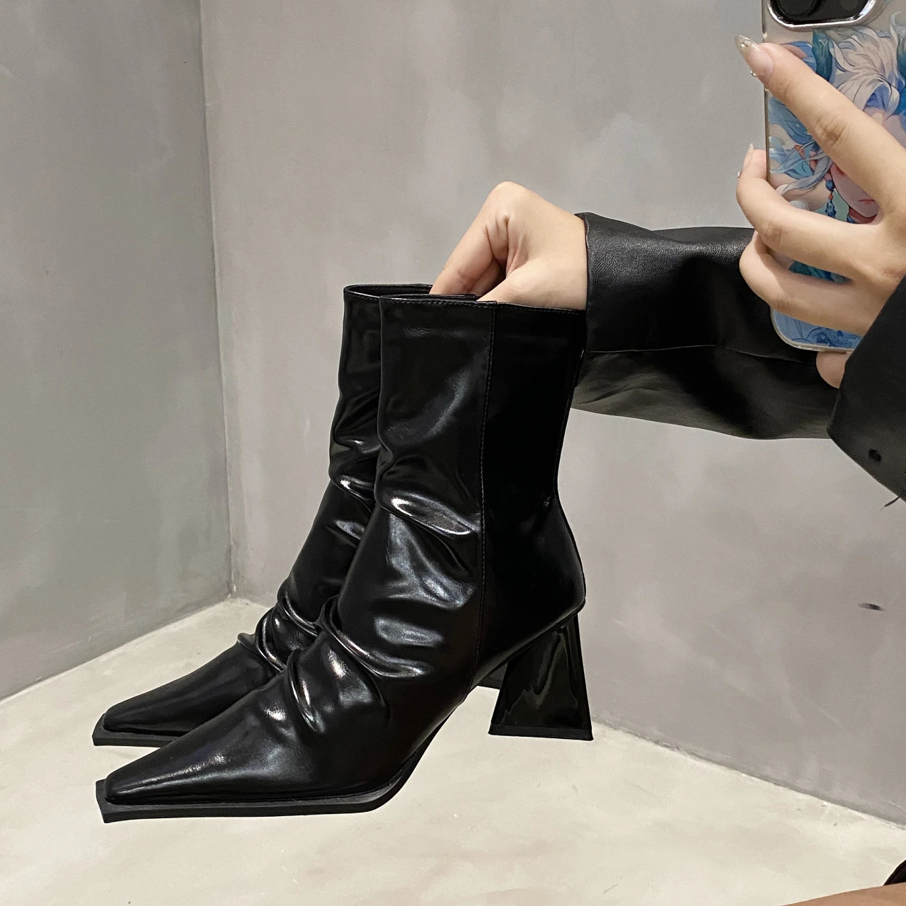 winter Autumn toe and pointed slim back zipper bootie womens block versatile folded high heel fashion pile boots