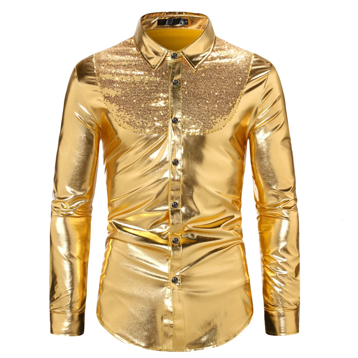 Mens Disco Metallic Shirts For Party Nightclub Sequins Shiny Long Sleeve Shirts Male Stylish Stage Banquet Chemise Hombre 240615