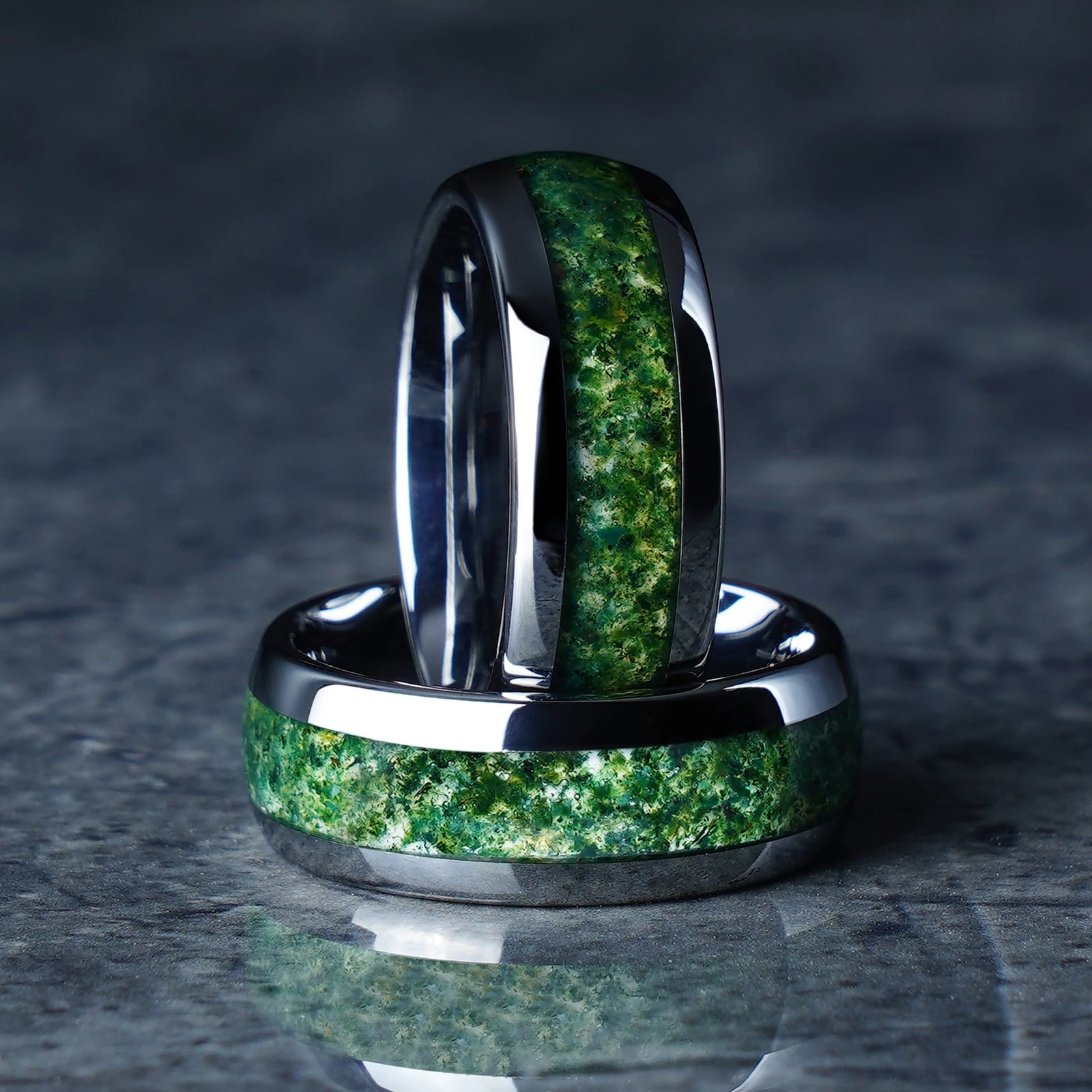 8mm Moss Agate Silver Tungsten Carbide Rings For Men Unique Wedding Engagement Band Birthday Anniversary Gift For Him And Her 240618