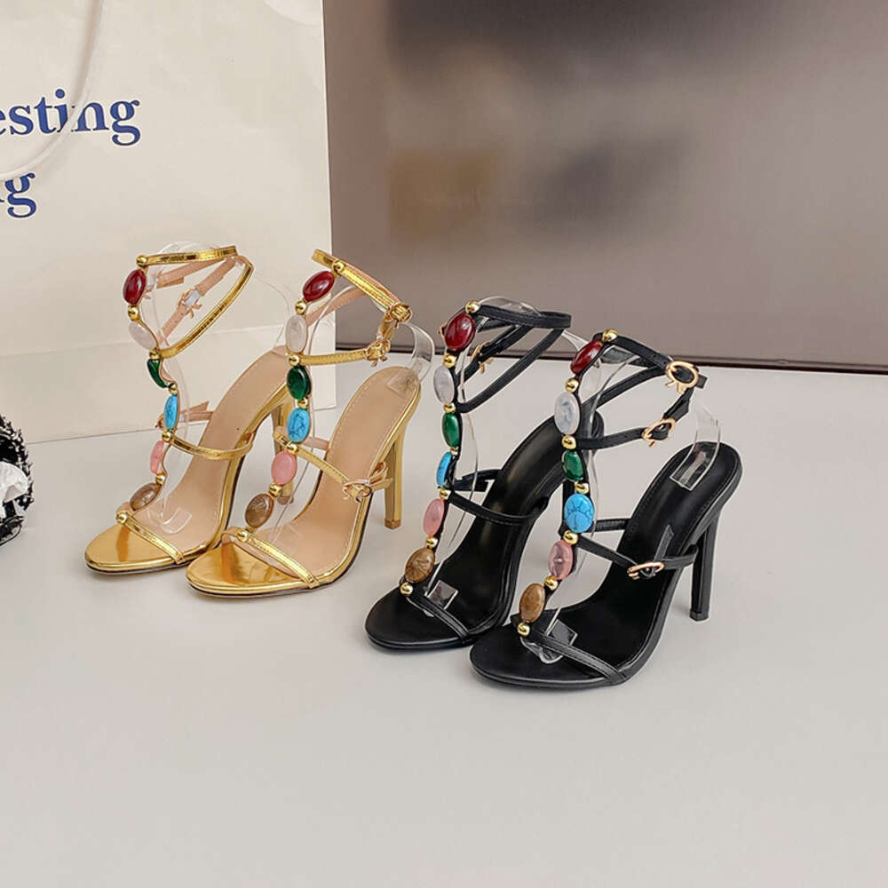 Fashion Summer Colored Gemstone Narrow Band Women Elegant Stiletto High Heels Gladiator Sandals Female Party Prom Shoes