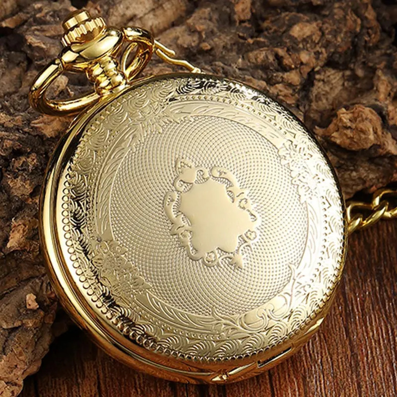 Golden Hollow Deer Pattern Mechanical Pocket Watch Vintage Double Side Steampunk Fob Clock Male Necklace Watch Chain Women Men 240617