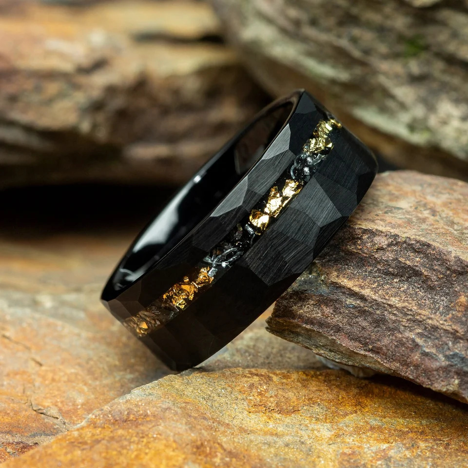 8mm Meteorite Gold Leaf Black Tungsten Carbide Rings For Men Wedding Engagement Band 240618