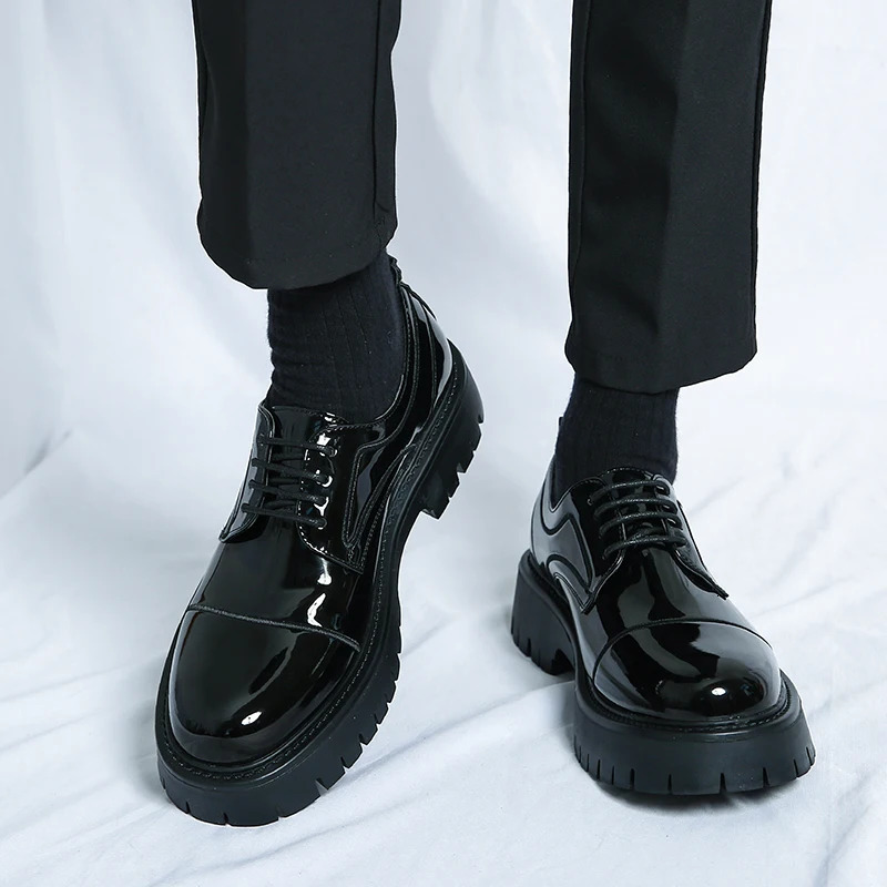 Mens Black Formal Shoes Lace Up Artificial Patent Leather Business Shoes With Thick Sole 240618