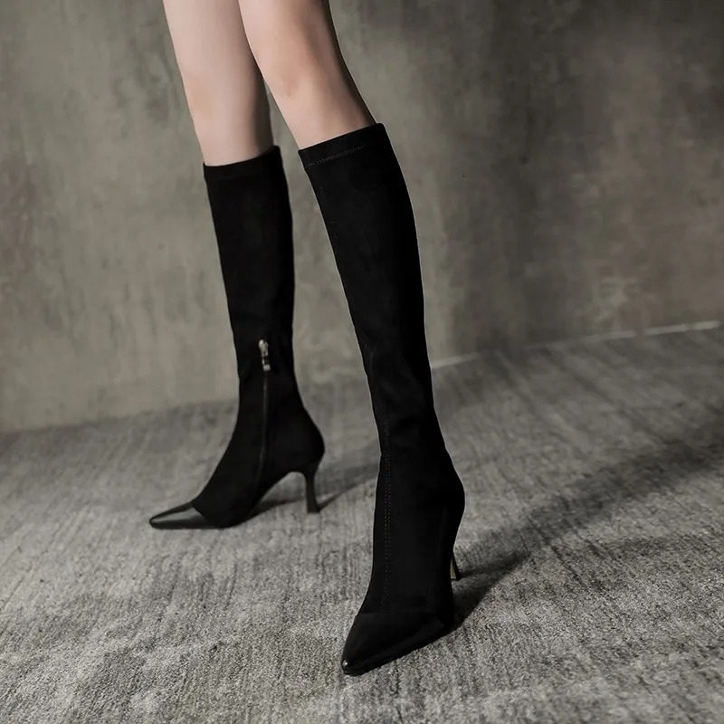 Style Fabric Pointed Stretch Street Toe Women Knee-High Boots Spring Autumn Fashion High Heels Shoes Long Booties