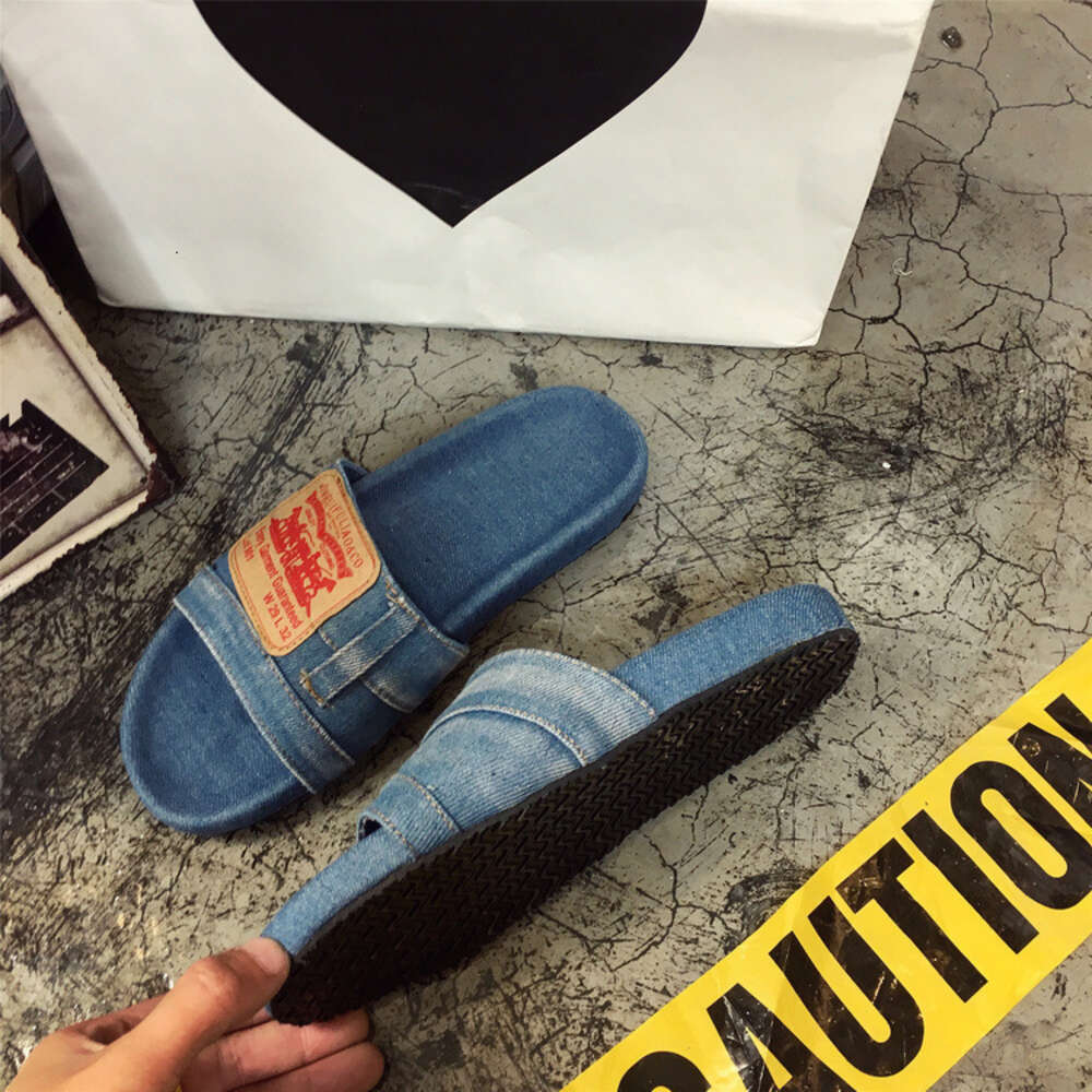 Denim Flat-soled Summer New Shoes One-figure Fashion Wear Sandals Canvas Jeans Slippers Women