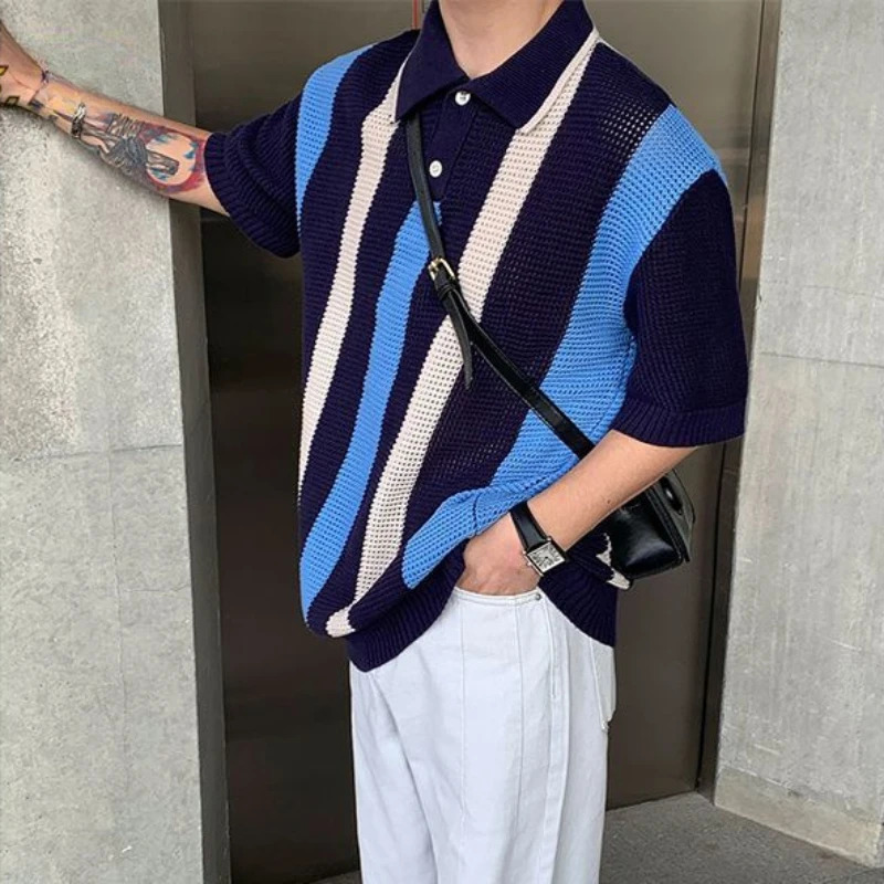 Spring Summer Breathable Hollow Vertical Stripe Color-blocked Knitted Polo Shirt Men Loose Casual High Street Personality Tops 240617