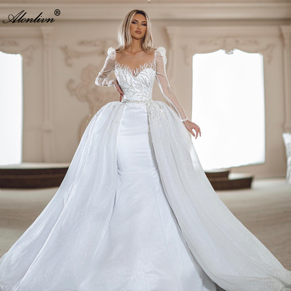 New Arrival Elegant Shiny Tulle Illusion Neck 2 In 1 Mermaid Wedding Dress With Removable train Full Sleeves Beading Appliques Lace Trumpet Bridal Gow