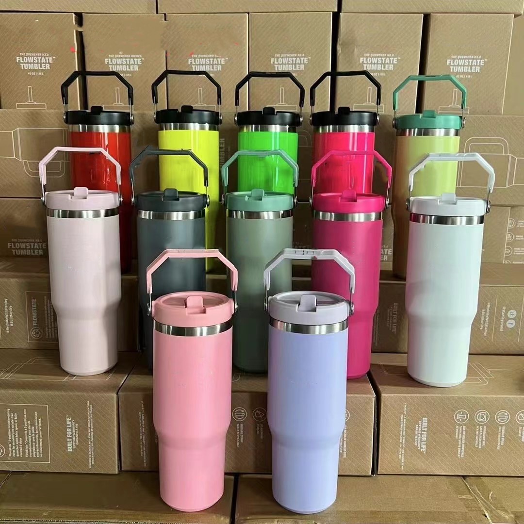 Wholesale 304 Stainless Steel 30OZ Travel Mugs Reusable Flip Straw Tumblers Customize 30oz Cups With Handle Lid LG59