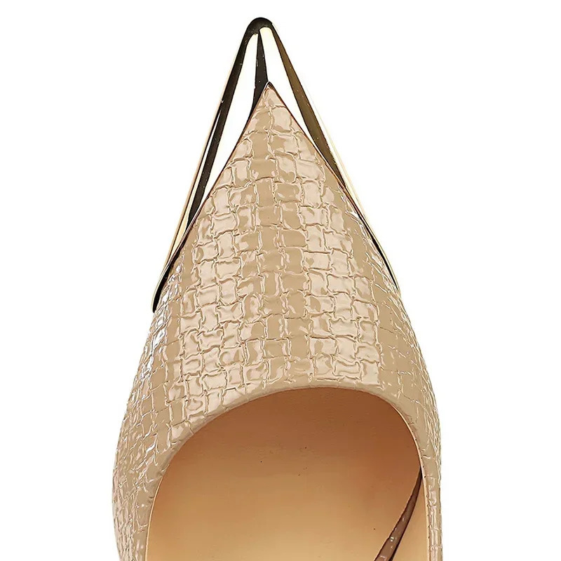 Bigtree Western Style Retro 9.5cm High Heels Party Pump Snake Patent Leather Light Metal Dot Toe Womens Shoes Black 240617