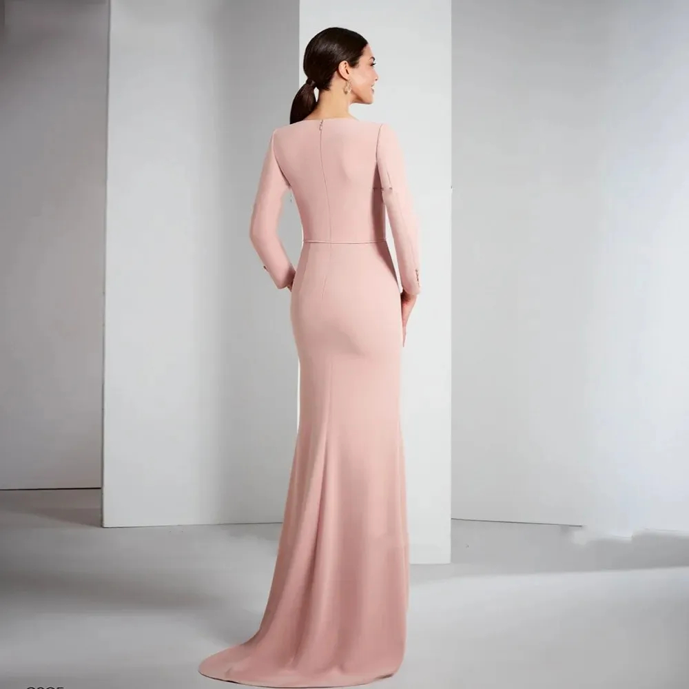 Elegant Pink Long Mother Of The Bride Dresses Full Sleeves 3D Flower Appliques V-Neck Graceful Wedding Guest Dress Back Zipper Simple Satin Evening Pr