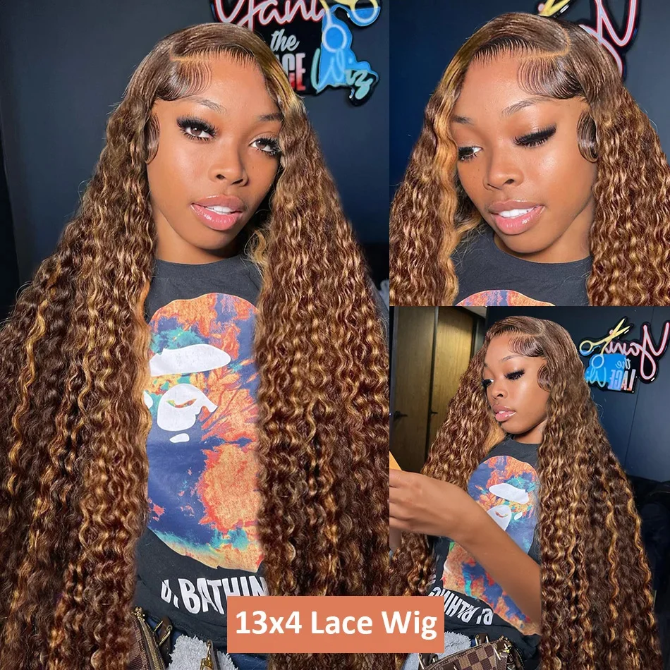 Curly Highlight Human Hair 13X4 13X6 Hd Wig Glueless 30 40 Inch Deep Water Wave Honey Blonde Lace Frontal Wigs Synthetic 250820