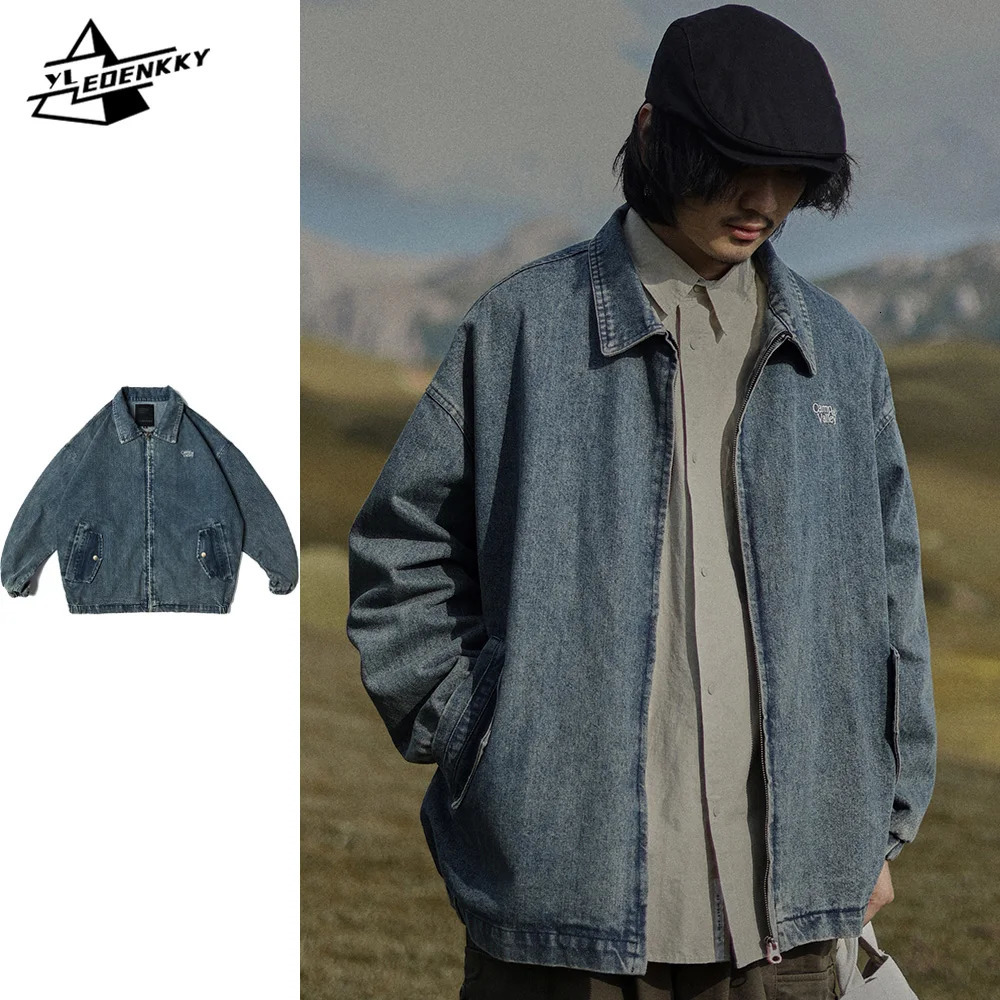 Washed Denim Jacket Men Women Harajuku Loose Versatile Cargo Coat American Casual Lapel Zip-up Jacket Spring Vintage Outerwear 240617