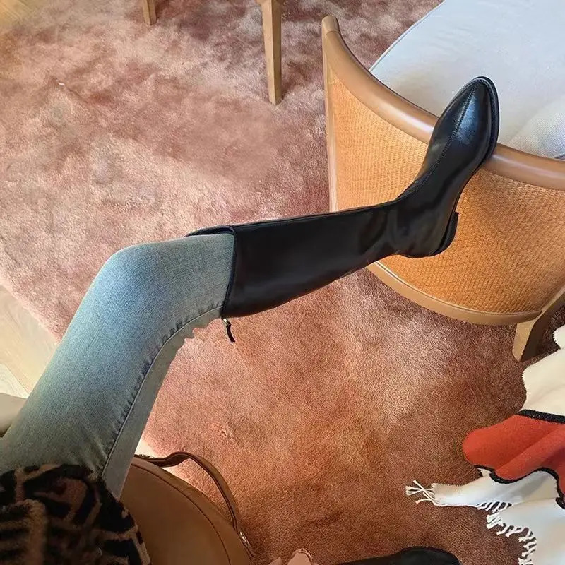 Middle Ladies Boots Heel Western Shoes for Women Pointed Toe Footwear Winter Knee High Shaft Punk Long with Y2k Pu