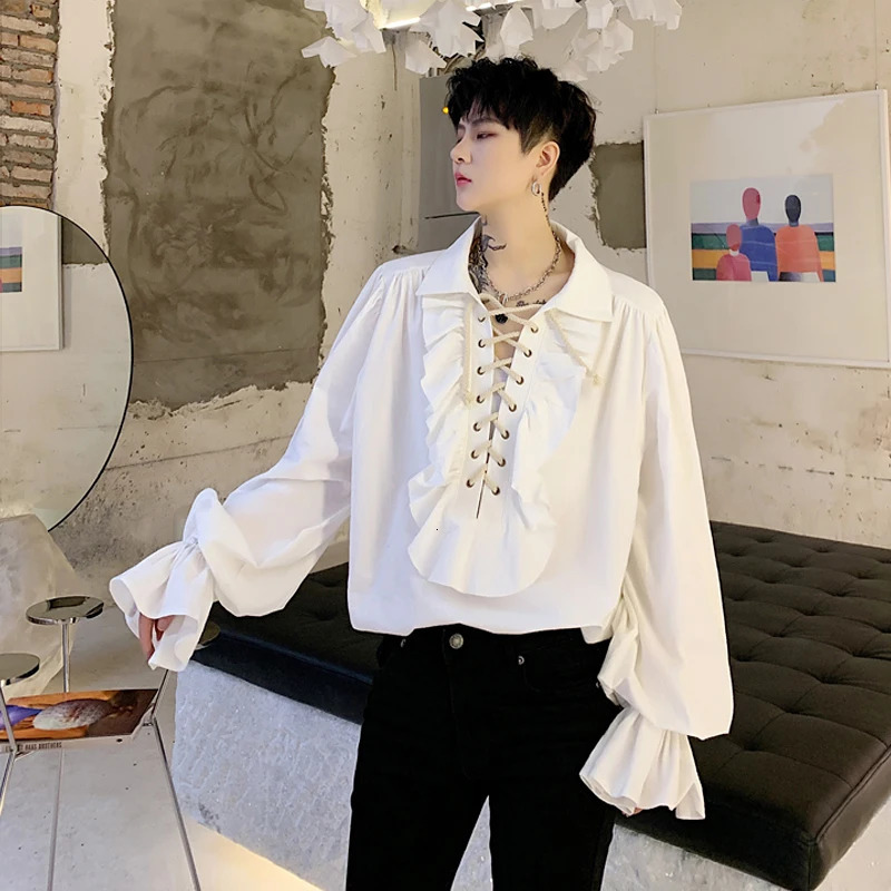 Men Victorian Medieval Dark Knight Blouse Lace Up Ruffles Drawstring Winter Lace Up Shirt Banquet Party Gothic Cotton Top 240615