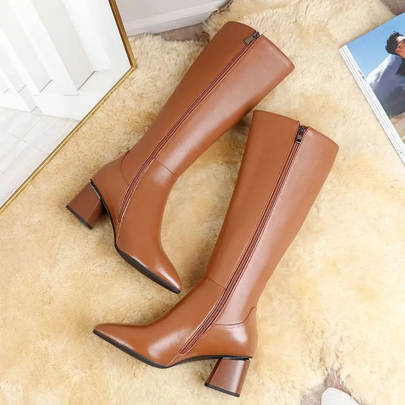 Shoes for Woman Long Winter Knee High Shaft Footwear Leather Womens Boots Fur Brown Pointed Toe Chic and Elegant Fashion 240618