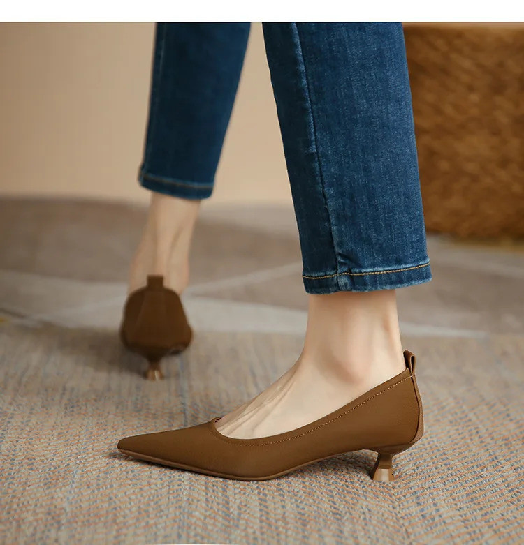 Leather Toe Woman Elegant Pointed Fashion 5cm High Heel Four Seasons Versatile Female Mary Jane Shoes Comfortable Loafers