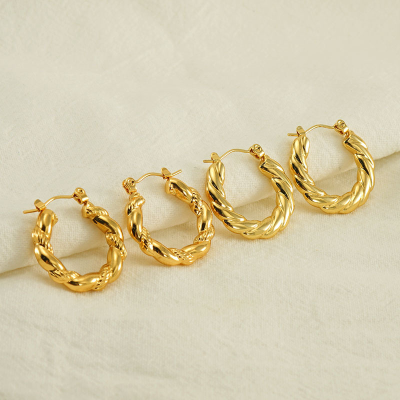 18K Gold Braid Hoop Earrings Shining Stainless Steel Buckle Earring for Woman Girls Hip Hop Fashion Luxury Jewelry Gift