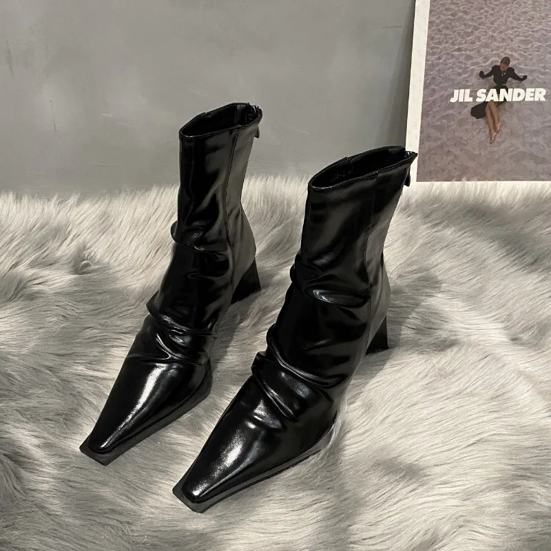 winter Autumn toe and pointed slim back zipper bootie womens block versatile folded high heel fashion pile boots