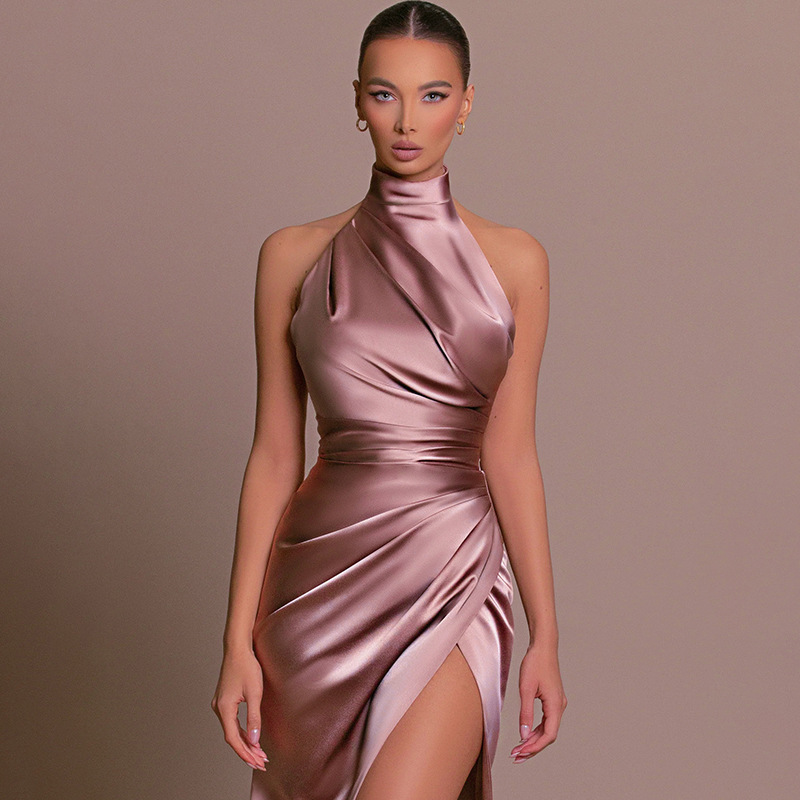 Casual Dresses Woman Sexy Satin Swing Neck Dress Fashion Solid Backless Bodycon Maxi 2023 Elegant Ladies Party Club Wrap Hips Vestidos