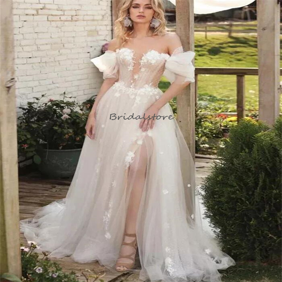 Fairy Gatsby Boho Wedding Dresses 2024 Cap Sleeves Front High Slit 3D Floral Flowers Bohemian Bridal Dress Corset Celtic Civil Bride Dress Custom Made